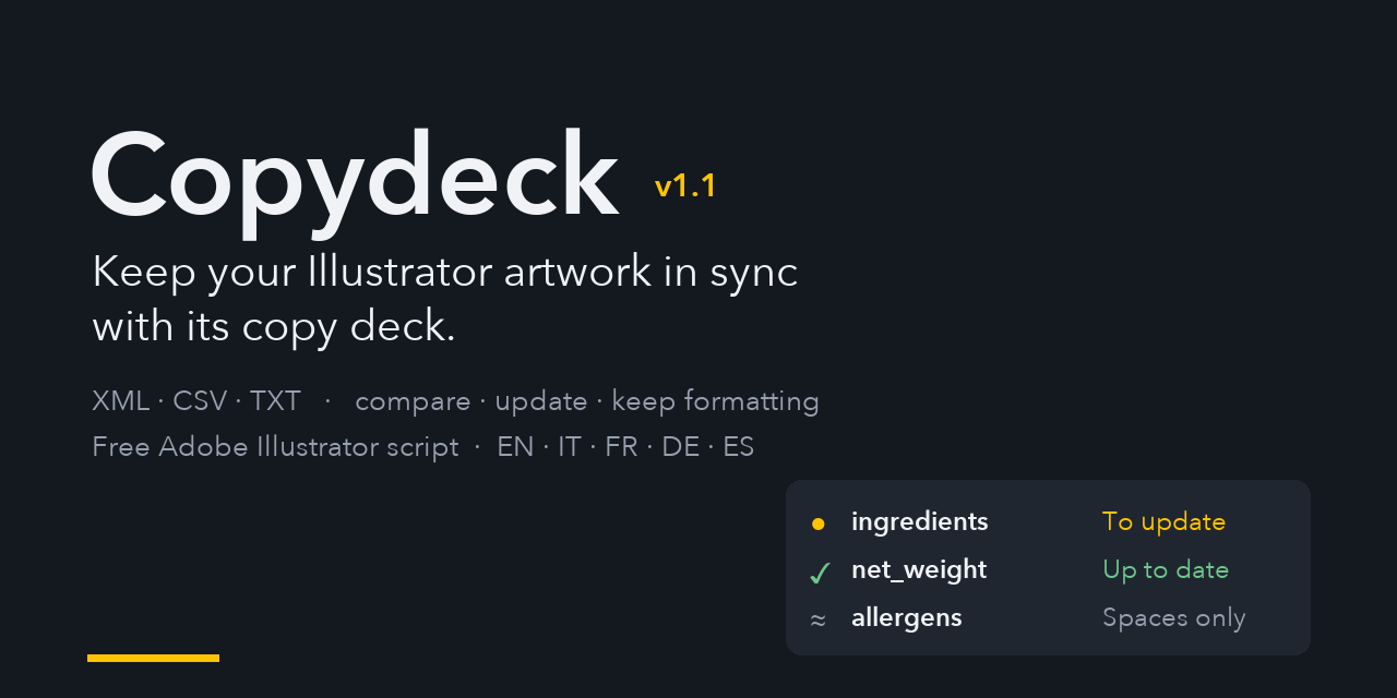 Copydeck: compare and update Adobe Illustrator text variables from a data file
